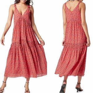 Joie Tea Rose Red Abstract Tiered Sleeveless Maxi Dress Size L Peasant Cottage